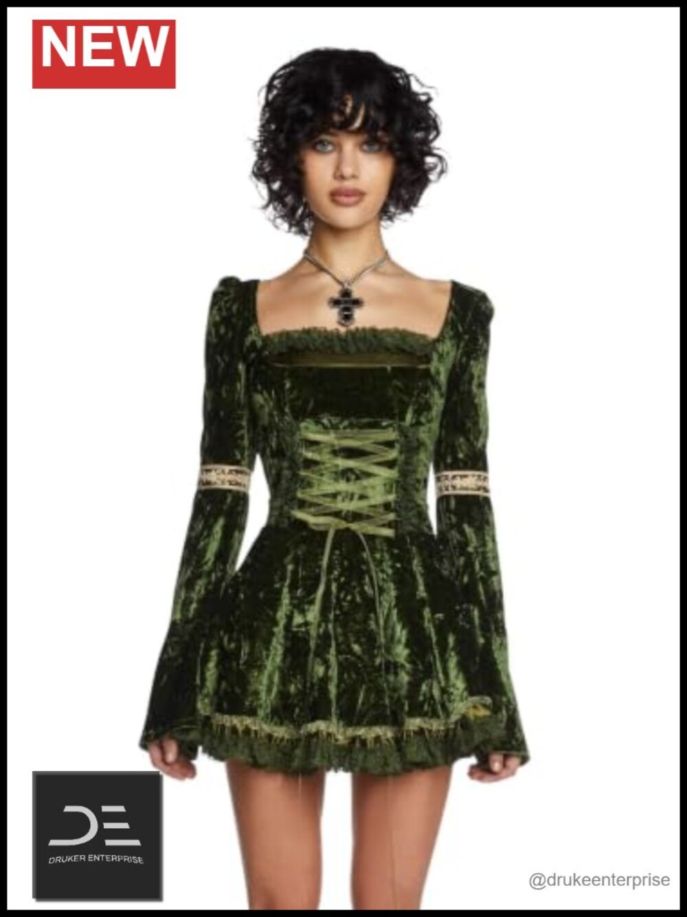 Green Velour Mini Dress Lace-Up Front Puff Sleeves